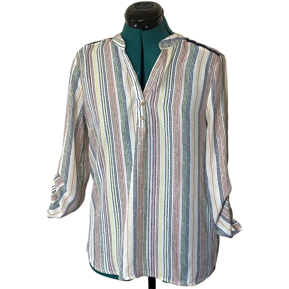 CURE Striped High Low Blouse Roll Tab Sleeves 100% Polyester Women's Size Small